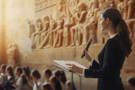 A woman stands at a podium, addressing a captivated audience before detailed hieroglyphics in a museum.の写真素材