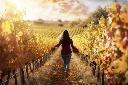 A woman strolls through a vineyard, enjoying the autumn scenery as the sun sets in the background.の写真素材