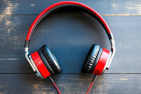 Bright red headphones positioned on a textured wooden surface, highlighting their modern design and craftsmanship.の写真素材