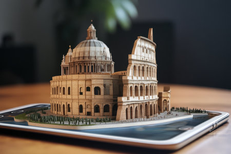 A detailed 3D replica of the Colosseum sits on a tablet in a well-lit workspace, showing historical architecture.の写真素材