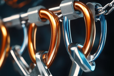 Vivid carabiners in blue, silver, and orange are linked together on a chain, showing their detailed design.の写真素材