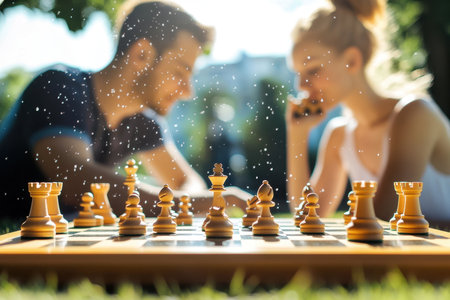 Two players focus intensely on a chess game outdoors, surrounded by nature on a bright sunny day.の写真素材