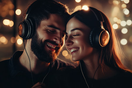 Two individuals share a joyful moment listening to music with headphones, smiling at each other.の写真素材