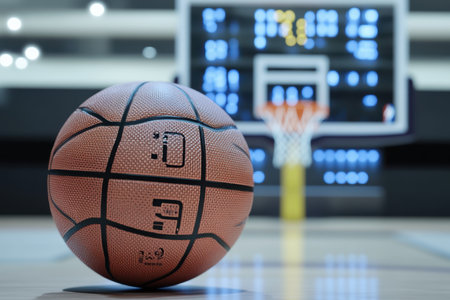 A basketball sits on the court in front of a brightly lit scoreboard as players prepare for the game.の写真素材
