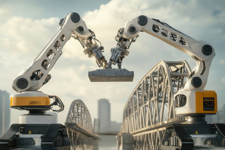 Two robotic arms collaborate to build a bridge over water, surrounded by a modern city skyline at dusk.の写真素材