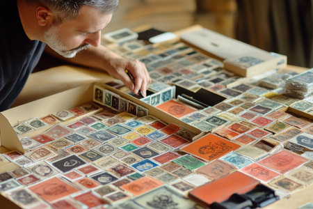 A collector carefully arranges a diverse selection of vintage stamps on a wooden table, focused on their collection.の写真素材