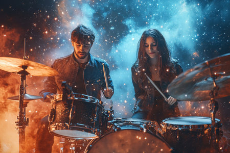 Two talented percussionists play drums energetically under a vibrant, starry sky with colorful smoke effects.の写真素材
