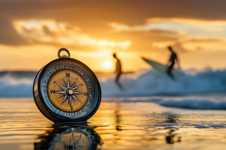 Surfers navigate ocean waves as the sun sets, while a compass rests on the wet sand reflecting light.の写真素材