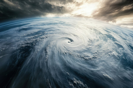 A large hurricane spins over the ocean, with dark clouds contrasting against the bright horizon.の写真素材