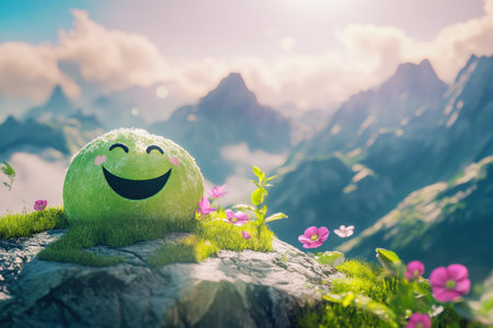 A joyful green creature sits on a rock, surrounded by vibrant flowers, under a bright blue sky in the mountains.の写真素材