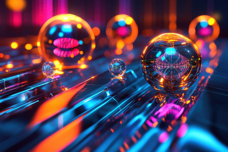 Glowing orbs reflect vibrant colors and intricate patterns on a dark surface in a digital setting.の写真素材
