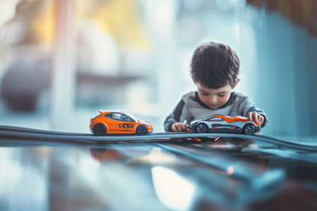 A child is engaged in playing with two toy cars on a track in a cozy indoor setting filled with warm sunlight.の写真素材