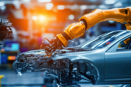 A robotic arm meticulously assembles parts of a car in a high-tech manufacturing plant during daylight hours.の写真素材