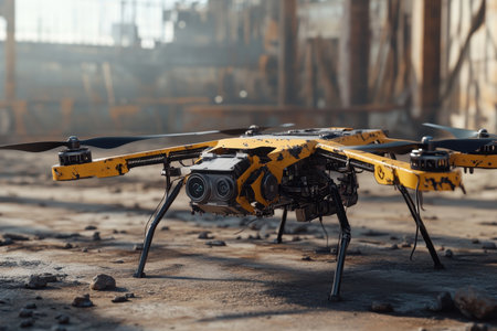 A yellow and black drone sits on the ground in a weathered industrial area with debris scattered around.の写真素材