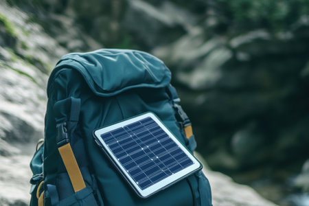 Backpack equipped with a solar panel is placed next to a rocky terrain, soaking up sunlight for charging.の写真素材