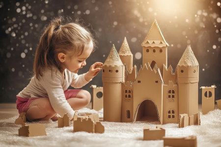 A young girl is focused on building a cardboard castle, surrounded by playful cardboard blocks and soft light.の写真素材