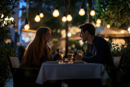A couple enjoys a candlelit dinner at an outdoor table, surrounded by warm string lights and greenery.の写真素材