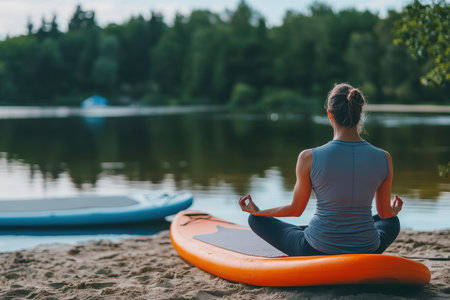 A woman sits in a meditative pose on a paddleboard, relaxing by a calm lake surrounded by trees.の写真素材