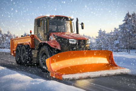 Snow plow works diligently to clear a snowy road surrounded by trees under falling snowflakes.の写真素材