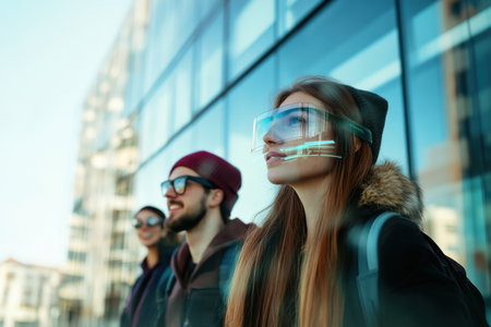 Group of friends wearing stylish sunglasses smiles while enjoying a sunny day near a glass building.の写真素材