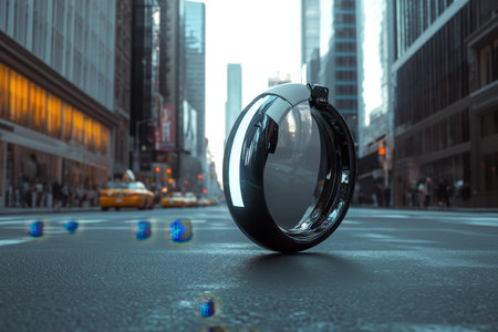 A reflective ring stands alone on a bustling New York City street as sunset casts warm light.の写真素材