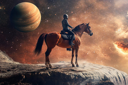 A lone rider sits on a majestic horse, admiring a giant planet set amidst a vibrant cosmic backdrop.の写真素材