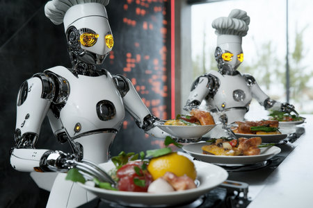 Two sleek robots skillfully plate gourmet dishes in a modern restaurant during a busy evening.の写真素材