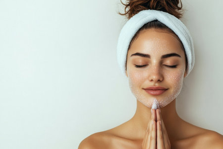 A woman with a headband practices self-care by cleaning her face and meditating in a calm environment.の写真素材