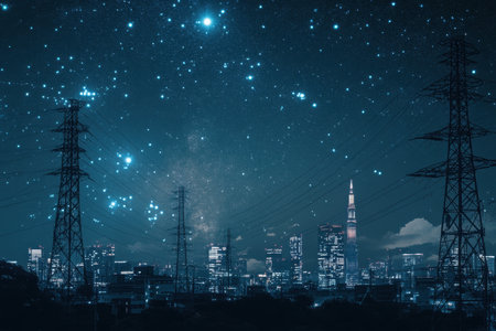Bright city lights and a starry sky create a beautiful contrast over the urban skyline at night.の写真素材