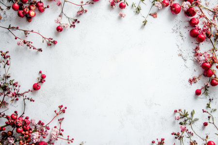Vibrant red berries and delicate blossoms create a beautiful border on a neutral surface, perfect for decoration.の写真素材