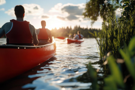 Group of friends kayaking on a calm lake during sunset, enjoying the warm evening and tranquil surroundings.の写真素材