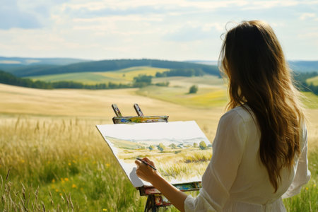 Woman painting a vibrant landscape on an easel, surrounded by lush fields and rolling hills.の写真素材