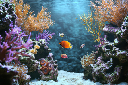 Vibrant coral formations provide a home for various tropical fish in a clear ocean environment.の写真素材