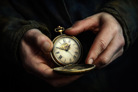 An individual with weathered hands carefully holds an antique pocket watch, showing its old-world charm.の写真素材