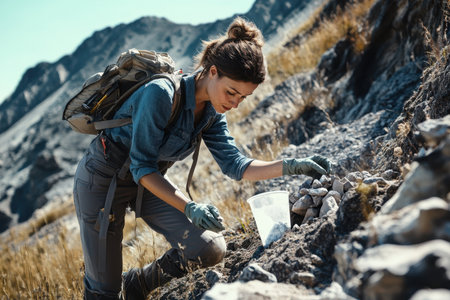 A woman kneels on rocky ground, gathering geological samples under a bright sky in a mountainous area.の写真素材