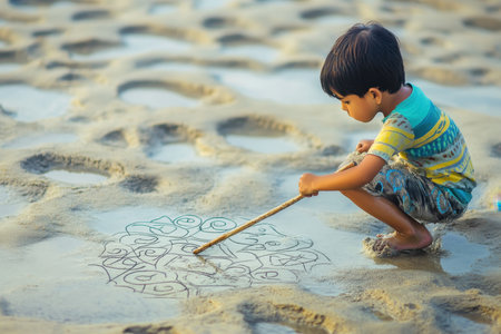 A young child uses a stick to draw in the damp sand at the beach as the sun sets, creating beautiful designs.の写真素材