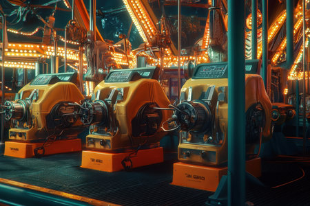 Brightly lit carnival ride machinery awaits operation at night, creating a nostalgic atmosphere.の写真素材