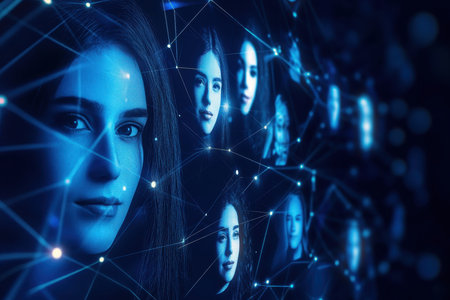 Intricate digital artwork showing multiple faces interconnected by glowing lines in a dark setting.の写真素材