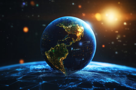 Glowing Earth displays North and South America with shining city lights and a cosmic background.の写真素材