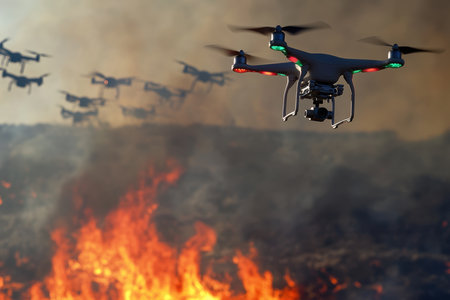 A fleet of drones is deployed to battle a raging wildfire, aiding firefighting efforts near a large uncontrolled fire.の写真素材