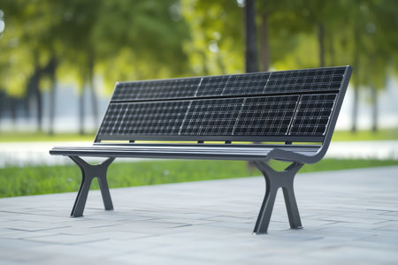 A solar-powered bench located in a park, showcasing innovative design amidst lush trees and grass.の写真素材