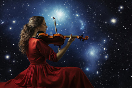 A musician in a flowing red dress plays the violin surrounded by a breathtaking starry sky.の写真素材