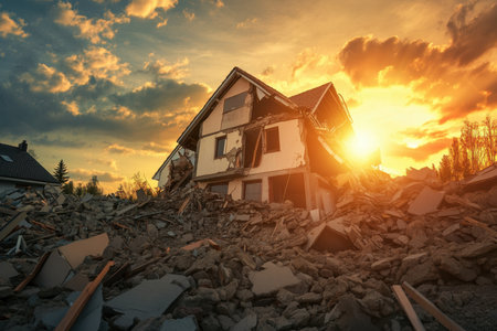 A house lies in ruins after an earthquake, illuminated by a stunning sunset in a rural landscape.の写真素材