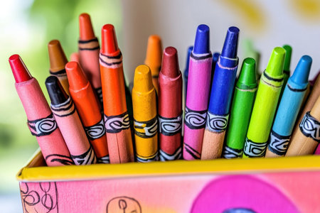 A collection of vibrant crayons stands upright in a cheerful container, inviting artistic expression and play.の写真素材