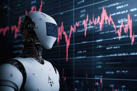 A futuristic robot stands in front of a digital display of fluctuating stock market graphs and data.の写真素材