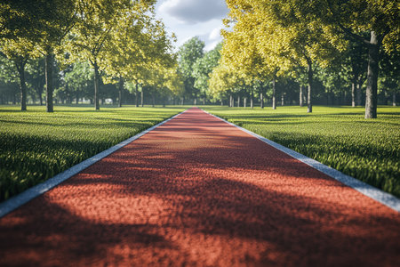 A vivid red path meanders through a lush green park, offering a picturesque view.の写真素材