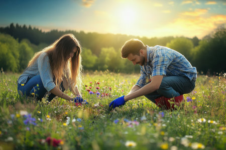 Two individuals are planting flowers in a vibrant meadow under a stunning sunset, surrounded by nature.の写真素材