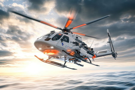 A helicopter hovers above the ocean at sunset, showing dynamic clouds and vibrant colors in the sky.の写真素材