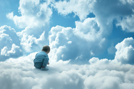 A young child in a blue outfit sits on soft clouds, staring up at the vast blue sky filled with fluffy white clouds.の写真素材