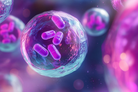 Vibrant representation of bacterial cells and their capsules showcasing micro-level biological activity.の写真素材